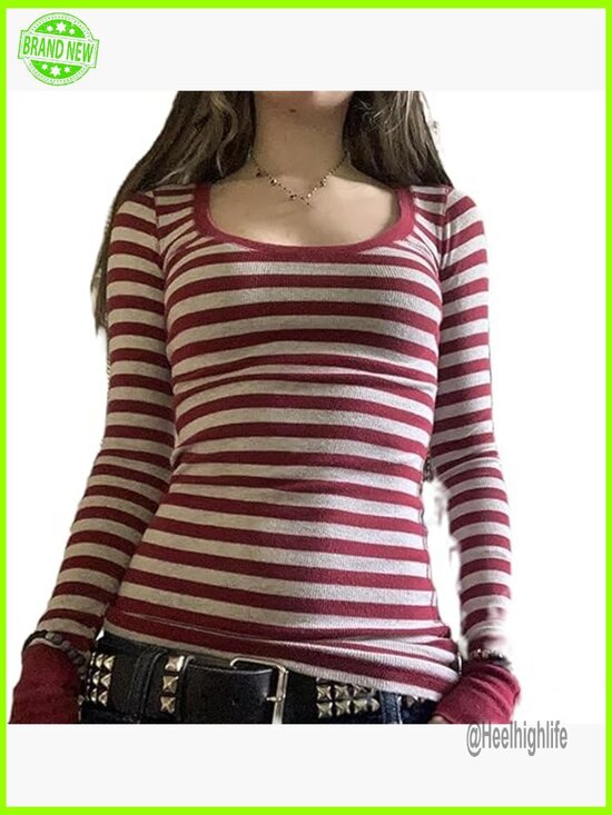 Tops - Y2k Striped Long Sleeve Grunge Tee Crewneck T-Shirt Top 90s Vintage Goth